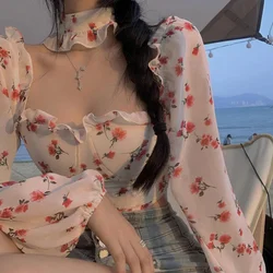 Sweet Print Romper Cottagecore Puff Sleeve Off Shoulder Boat Neck Lace Hem One-piece Pink Green T Shirt Summer Clothes for Women