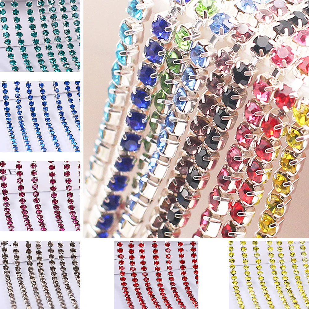 Cadena de diamantes de imitación de 1 metro, Base plateada, cristales brillantes, piedras, Strass, adorno, costura, costura, gemas, manualidades