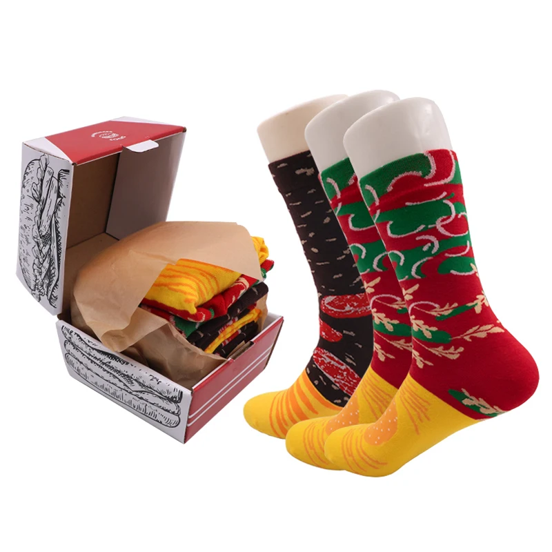 3 Pcs Unisex Socks Personalized Design Hamburger Christmas Set Gift Box Socks Happy Harajuku Skate Cotton Sokken Happy Gift