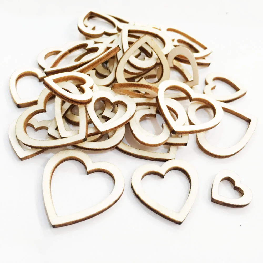 100Pcs Wooden Chips Hollow Hearts Confetti Engraved Love Natural Craft Rustic Wedding Table Scatter Decor Valentine's Day Gifts