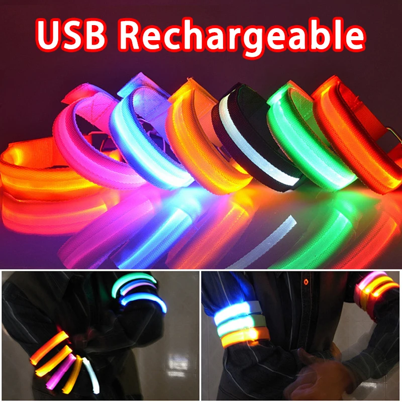 Brazalete para correr de noche con luz LED para deportes al aire libre, cinturón de seguridad recargable por USB, pulsera de advertencia para brazo