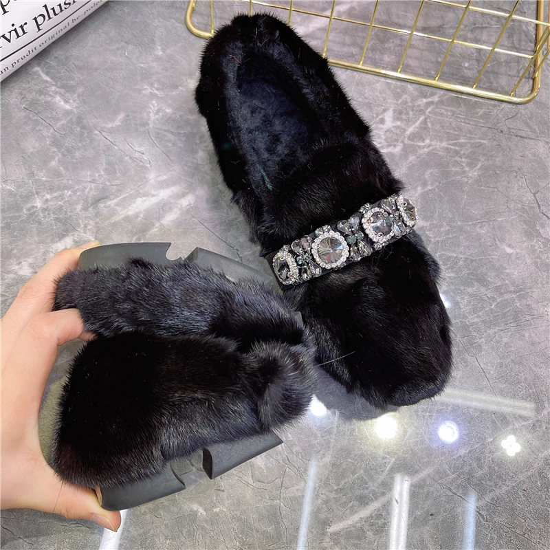 Black Women Crystal Casual Loafers Winter Warm Fur Smoking Shoes Woman Big Size Espadrilles Ladies Flats Creepers