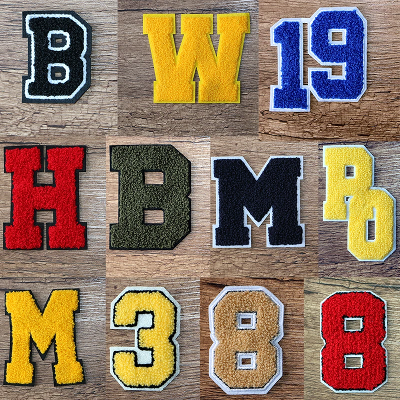 Red Yellow Green Letters Number Chenille Icon Towel  Embroidered Applique Patches For Clothes DIY Iron on Badges on the Backpack