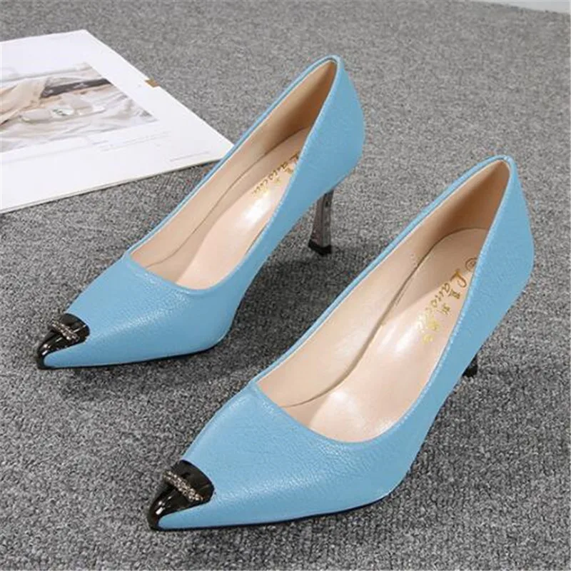 

Fashion women thin high heels sexy party shoes women pumps PU Slip On 6CM 8CM Thin High Heels Pointed Toe Metal decoration