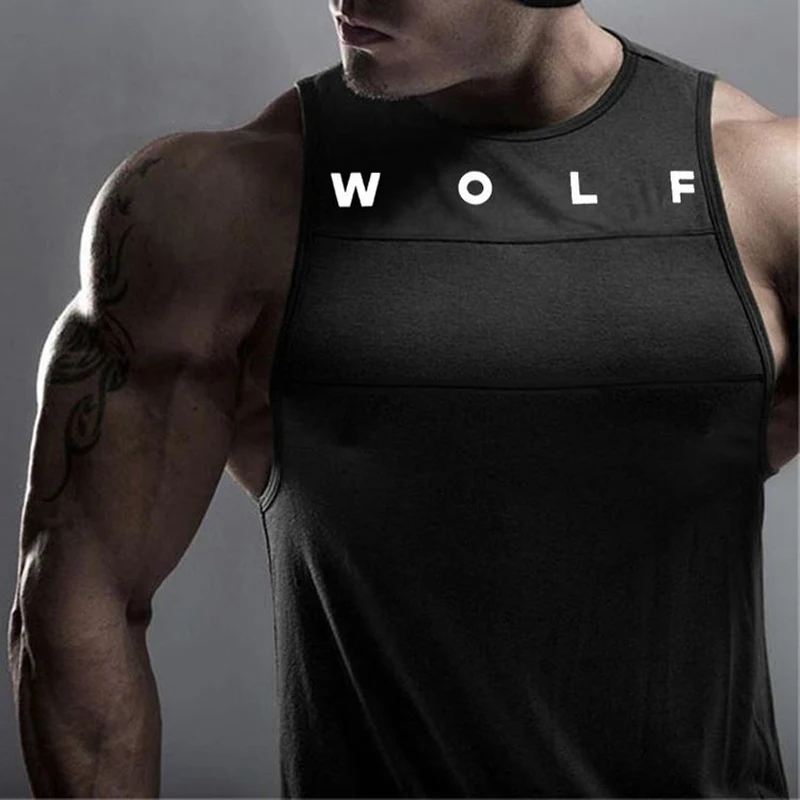 European And American Men\'s Fitness Sleeveless Running Sports GYM Stitching Waistcoat WOLF Vest Hot in Summer