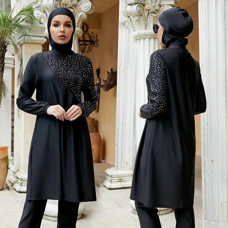 Women Muslim Swimsuit Swimwears Burkini Mujer Moslem Muslem Maillot De Bain Femme Whole Black Long Sleeve With Scarf Hair Hood