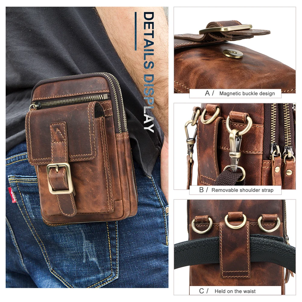 CONTACT\'S FAMILY Crazy horse leather Male Phone Pouch Bags Case For iphone 16 15 14 Pro Waist Pack Bag Men\'s Shoulder Belt Bag