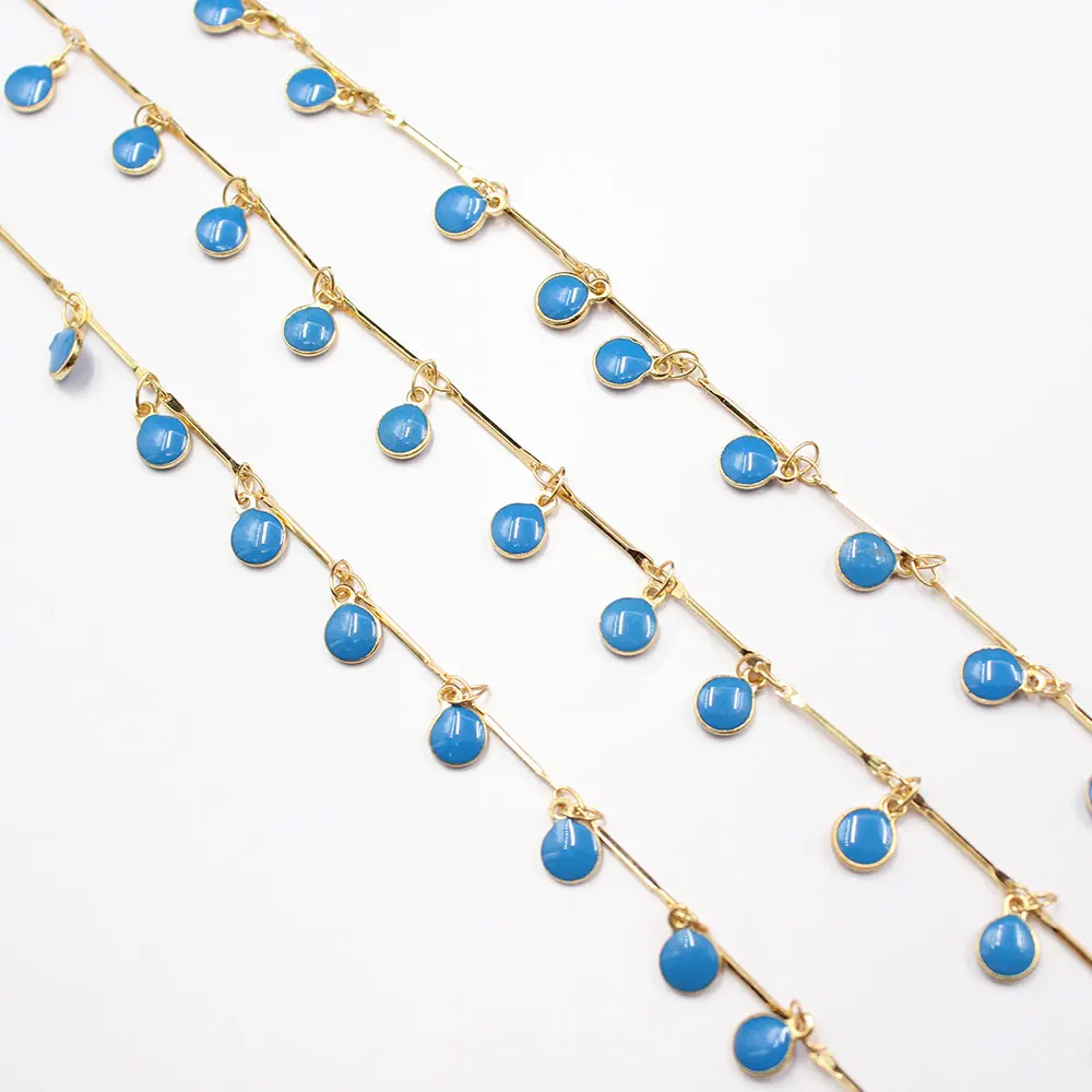 2 Meters 6mm Blue Jade Crystal Gold Plated Copper Fashion Bezel Set Chain Paperclip Neck Chain Pearl Necklace Making DIY