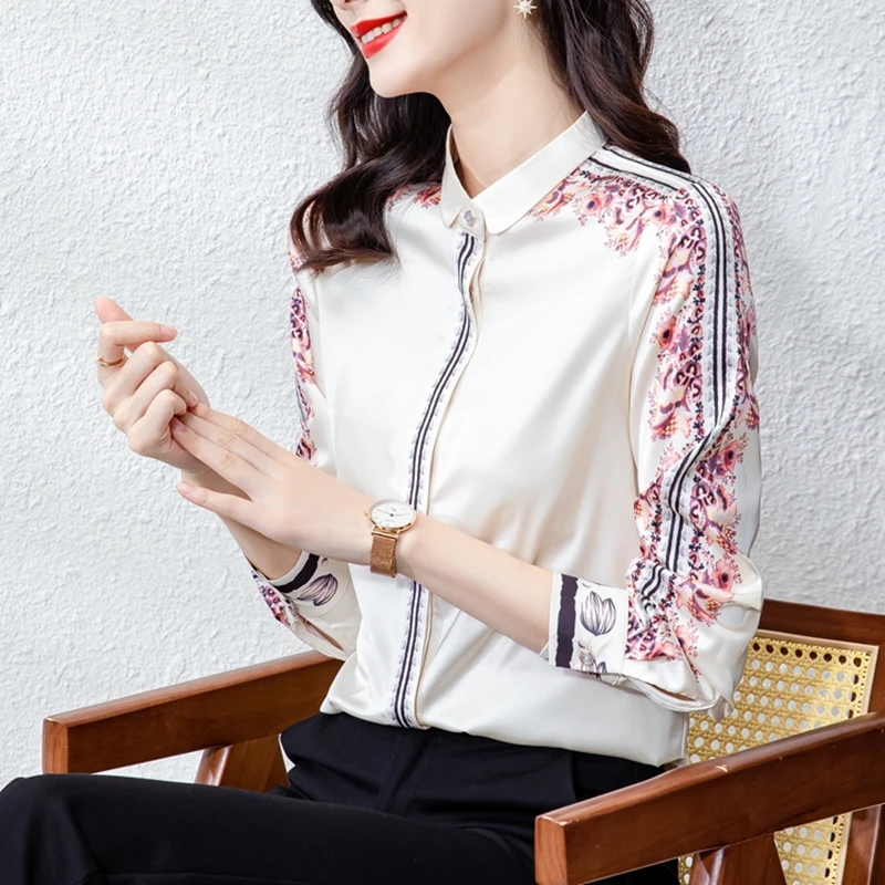 High quality floral print satin silk shirt women\'s blouses elegant spring autumn striped shirts office ladies work shirts tops