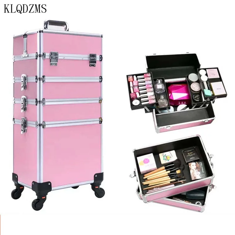 KLQDZMS With wheel Large-capacity Multi-layer Trolley Cosmetic Case Nail Case Makeup Artist Tool Case Detachable Beauty Suitcase