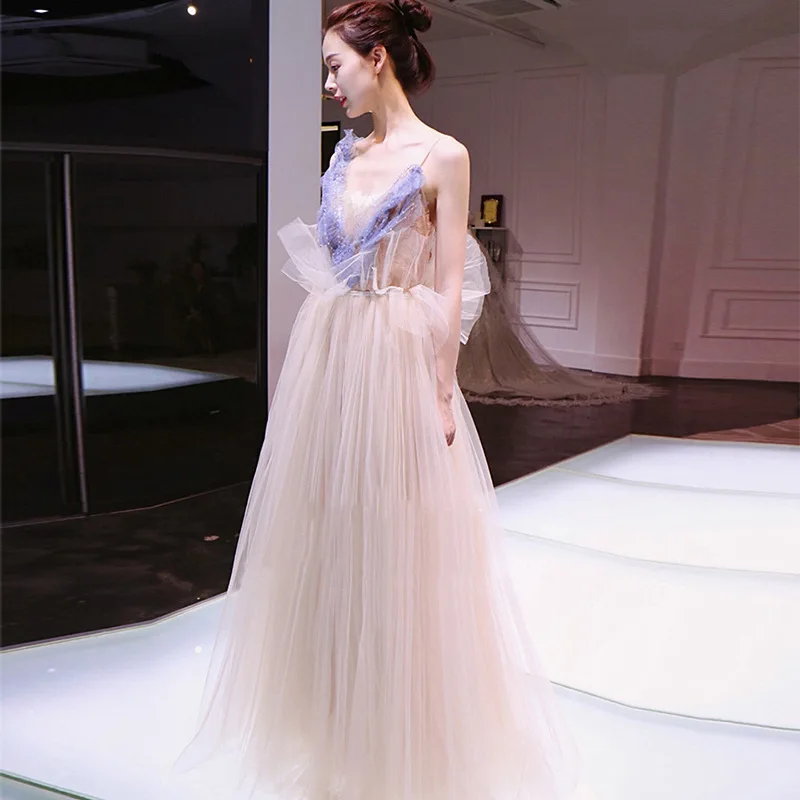 

High-end Banquet Evening Dress Female 2020 New Annual Meeting Host Slim Evening Dress Spaghetti Strap V-neck Robe De Soiree