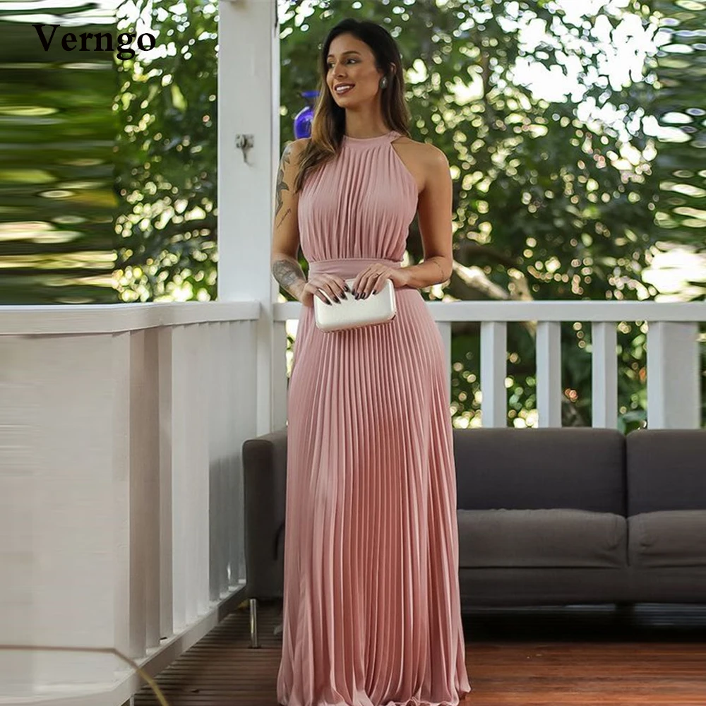 

Verngo Dusty Pink A Line Pleated Chiffon Prom Dresses Halter Long Evening Gowns Simple Women Formal Party Dress Plus Size