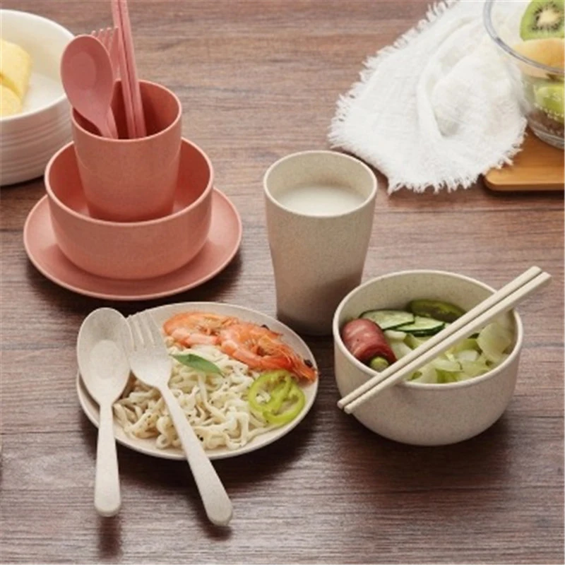 Portable Reusable Household Dishware Set Kids Adult Spoon Fork Cup Salad Soup Bowl Plate Wheat Straw Kitchen Tableware Set