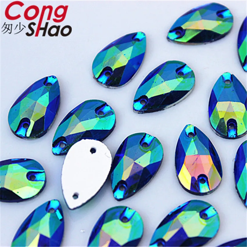 Cong Shao 100pcs 10*18mm Drop Shape Black Crystals AB Rhinestone Flatback Sewing 2 Hole Stones Resin For DIY Wedding Dress WC415