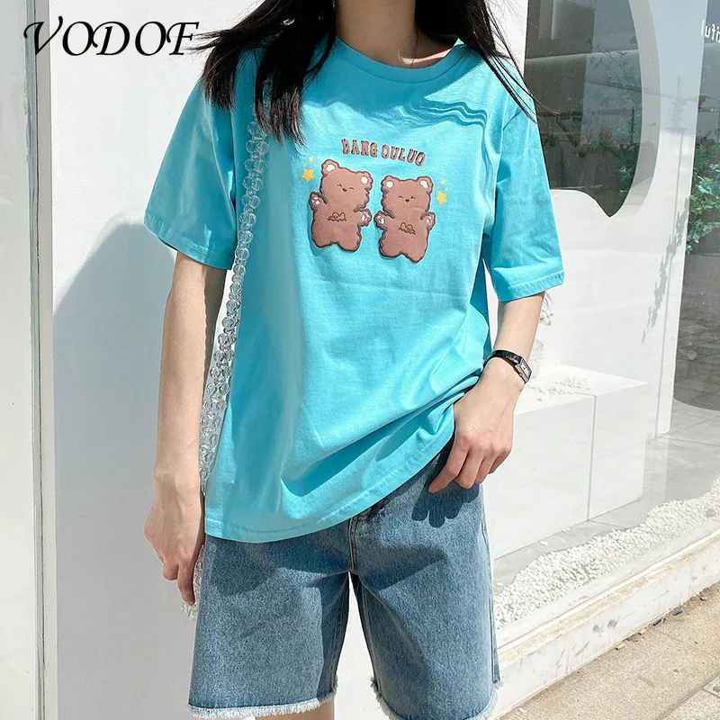 

VODOF Cartoon Bear Print T-shirt Ladies Short-sleeved Loose 100% Cotton Top 2021 Female Spring and Summer Ladies Basic Tee