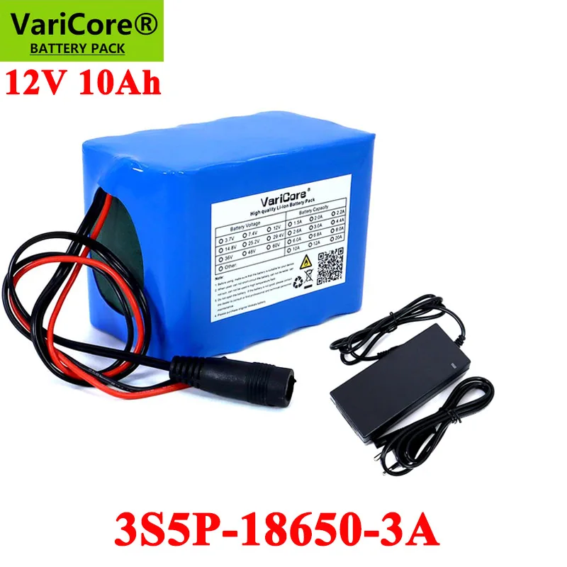 VariCore 12V 10Ah 18650 li-lon battery pack 10000mAh with BMS for Monitor emergency lights Uninterrupted power +12.6V 3A Charger