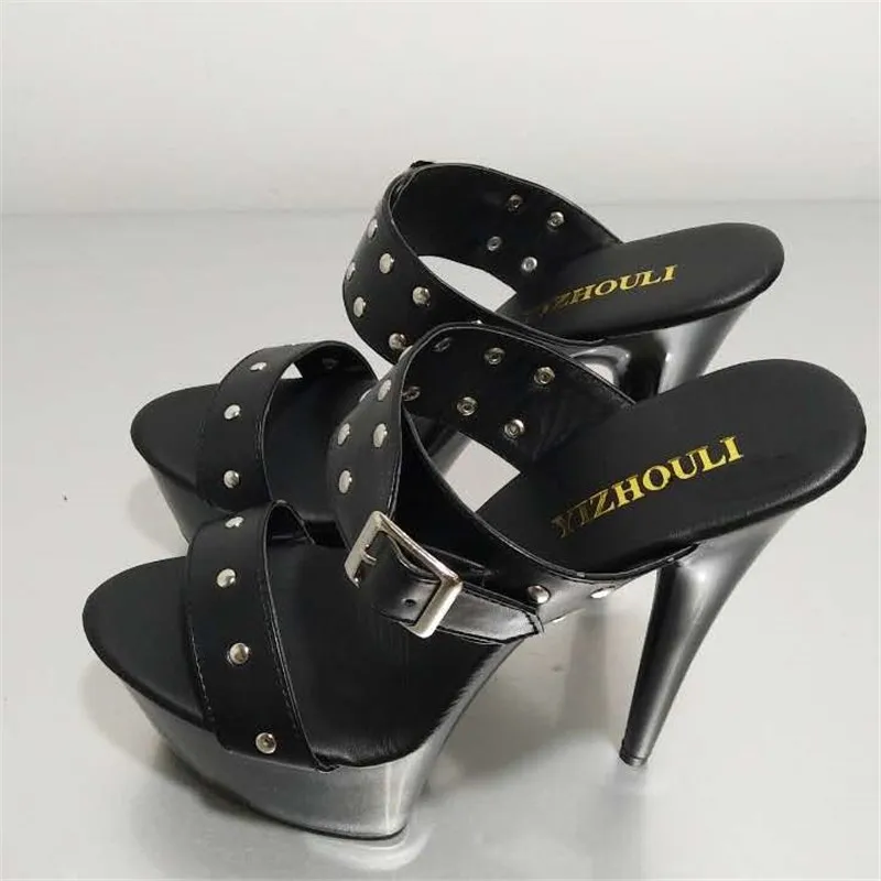 Black Fashion Color Block Metal Buckle Platform 15cm Ultra High Heels Slippers Shoes Women's 6 Inch Lady High-Heeled Shoes Sexy