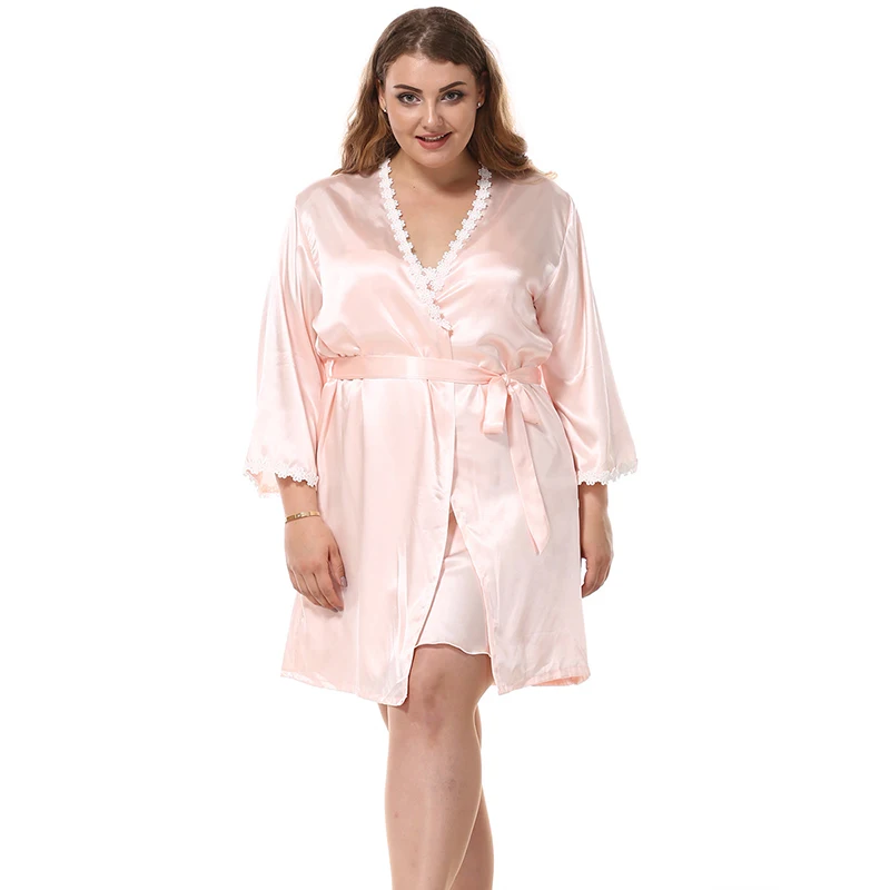 Plus Size Women Imitation Silk Robe Sets Sexy Lace Satin Silk Nightdress + Bathrobes Two-Piece Sets Female 9001