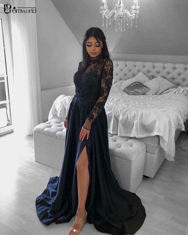 Icidal sion-Robe de soirée en dentelle à manches longues, robes de RhA-ligne, robe de soirée formelle, satin fendu, appliques noires, robe de soirée sexy