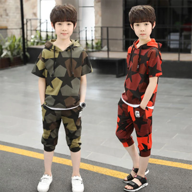 

2020 Summer Toddler Boy Girls Kids Clothing Sets Cotton Camouflage Short Sleeve Hooded+Shorts 2PCS Children Clothes Set 5T-10T