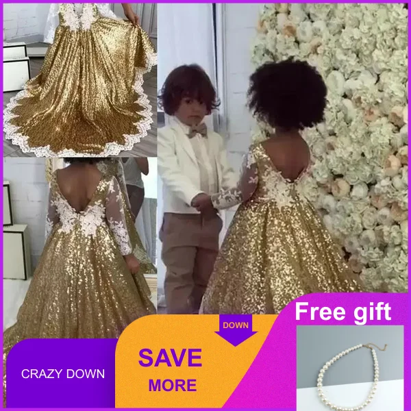 Gold Sequins Flower Girls Dresses For Weddings White Appliques Illusion Long Sleeves Bling Asymmetric Girls Pageant Dresses