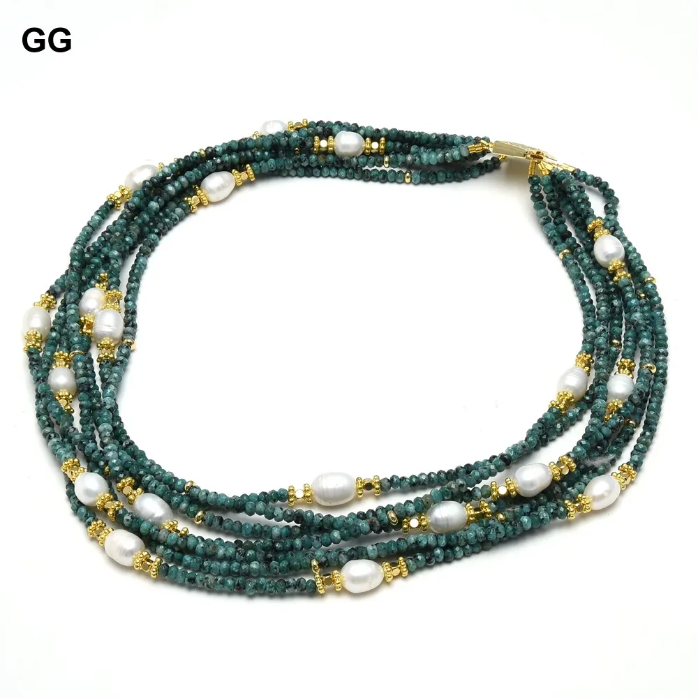 GG 7 Rows Freshwater Natural Rice Pear Faceted Rondelle Ruby Green Jades Necklace Handmade For Women