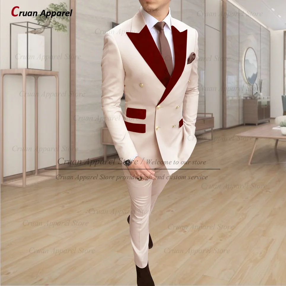 Latest Designs Beige Men Suits 2Pcs Slim Fit Formal Wedding Groomsmen Groom Tuxedo Wine Red Velvet Lapel Blazer With Pants Set