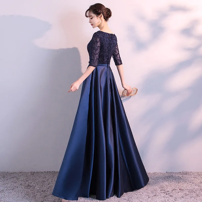 Nieuwe 2019 Lange Avondjurken Elegante Kant Satijn Marineblauw Vestidos Vrouwen Party Gown