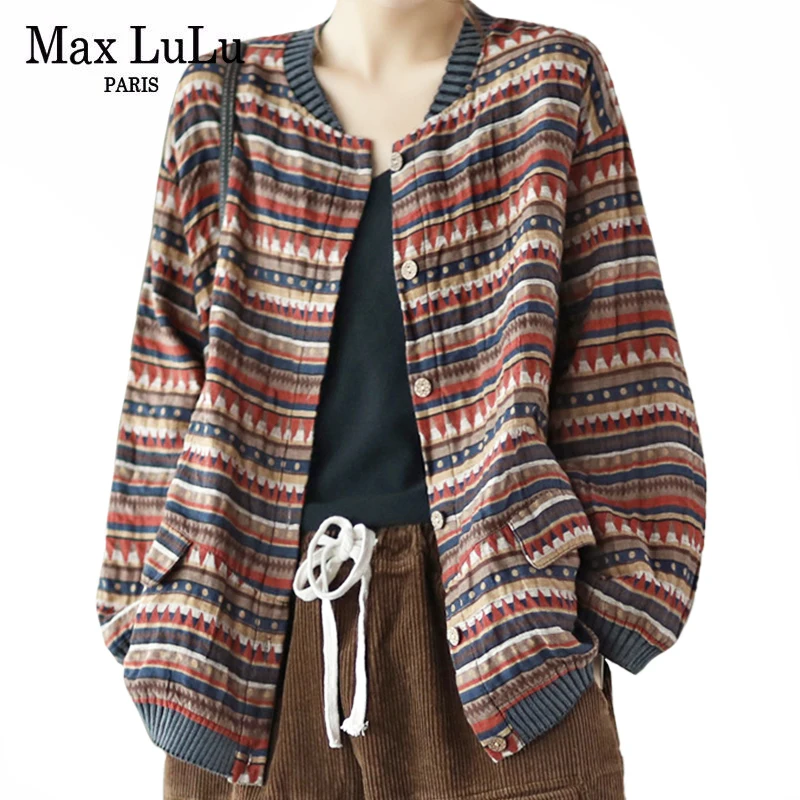 Max LuLu 2021 Autumn Womens Striped Jackets Japan Style Linen Printed Coats Ladies Vintage Loose Clothes Buttons Basic Jacket