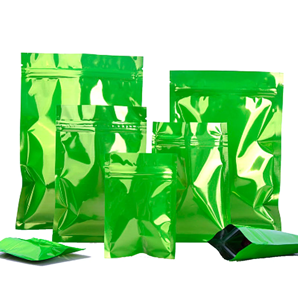 

1000Pcs Tear Notch Waterproof Storage Pouches Zip Lock Glossy Green Aluminum Foil Self Grip Seal Bag for Nuts Candy Coffee Bean