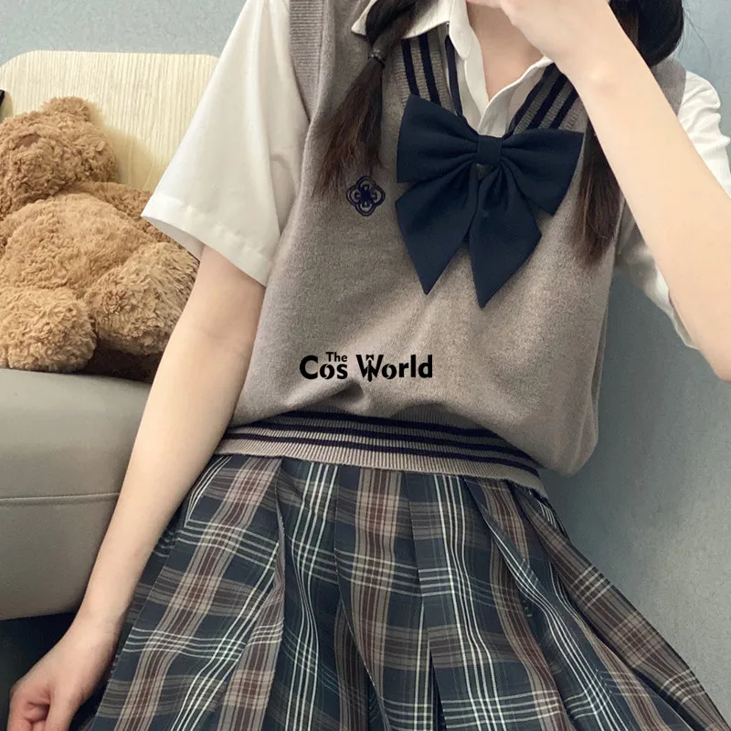 [Bang Nai] Spring Autumn Girl's Sleeveless Stripes Knit Vests Pullovers V Neck Sweaters For JK School Uniform Student Clothes