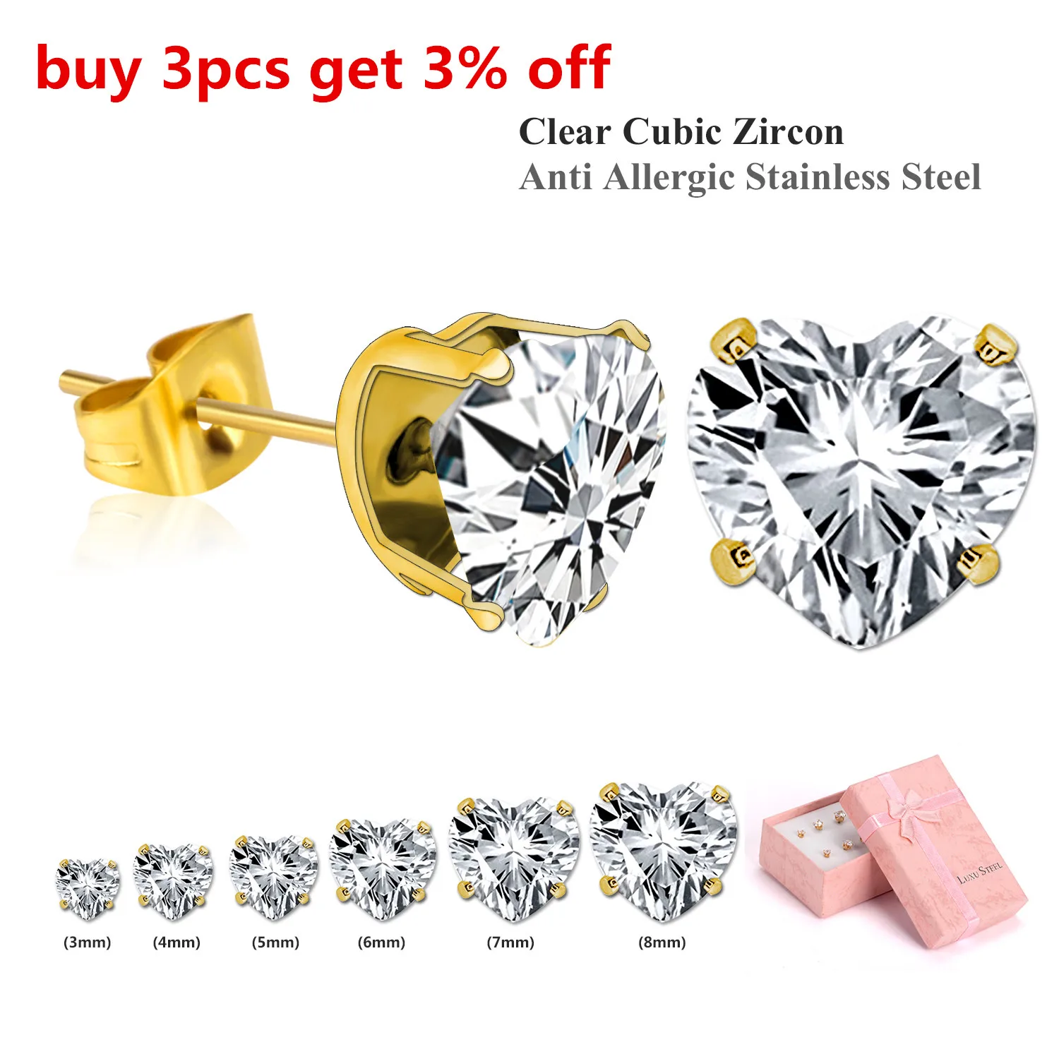 LUXUSTEEL  Stainless Steel Earring Sets Golden Color Heart Shape Crystal Stud Earring For Women/Girl 6pairs/Box