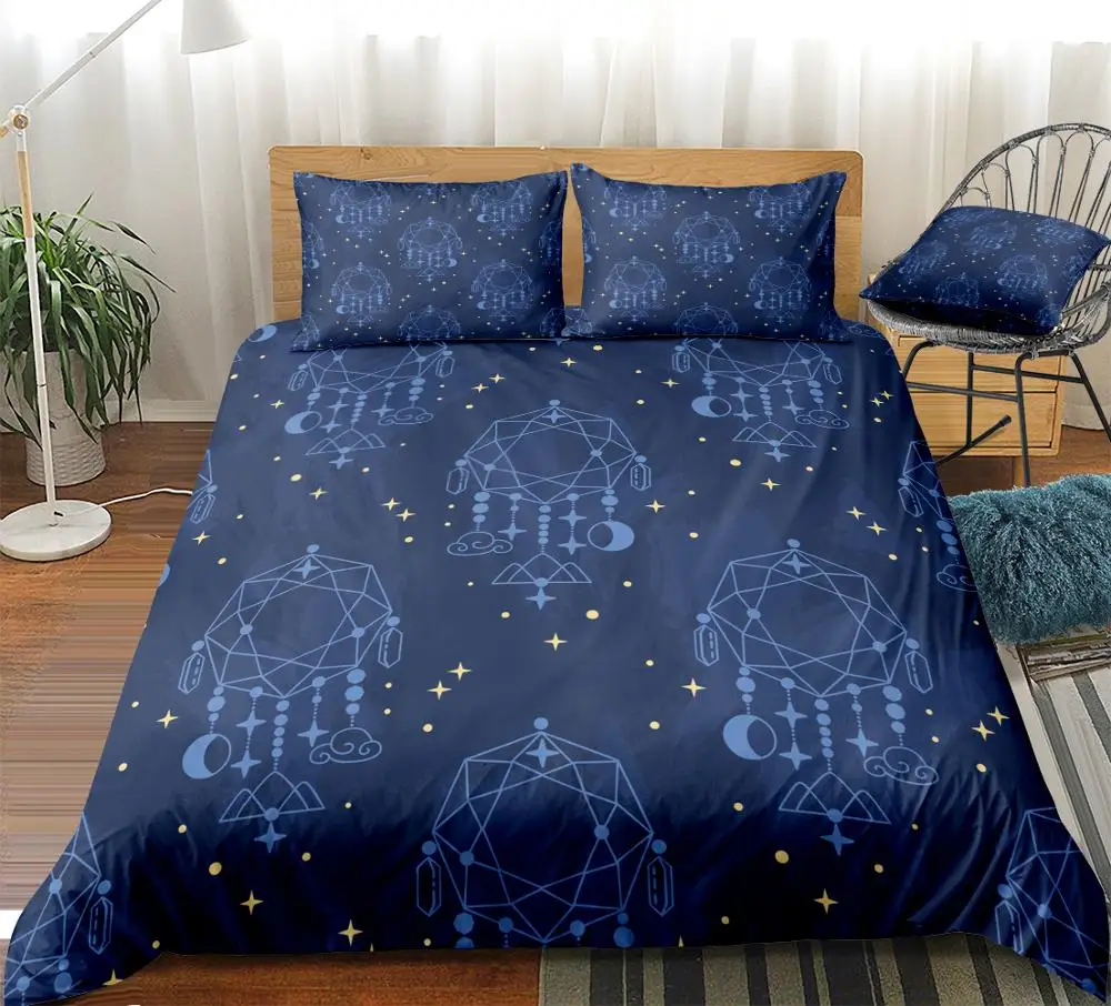 Dreamcatcher Bedding Set Blue Duvet Cover Set Gold Stars Bed Linen Kids Teens Bedclothes Blue Dreamcatcher Home Textile