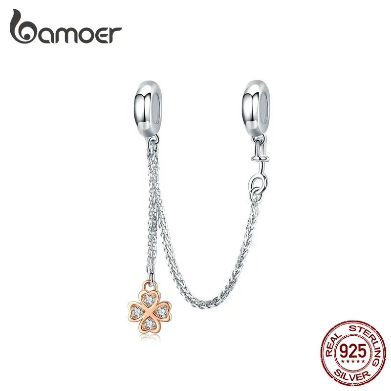 bamoer Four Leaf Clover Safety Chain Charm with Silicone for Women Bracelets 925 Sterling Silver Rose Gold Color Jewelry SCC1261