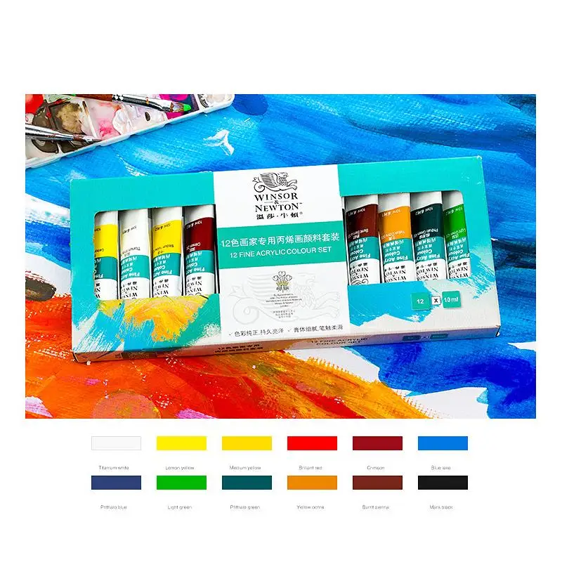 Ensemble de peintures acryliques WINSOR & NEWTON, 10ML, tube, peint à la main, peinture murale, textile, fournitures d'art colorées, AOA020