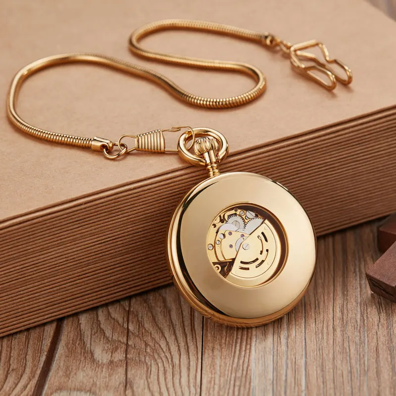 Antique Clock Pocket Watch FOB Mechanical Vintage Golden Gold Copper Men Women Engraved Fob Chain Automatic Retro Pocket Watches