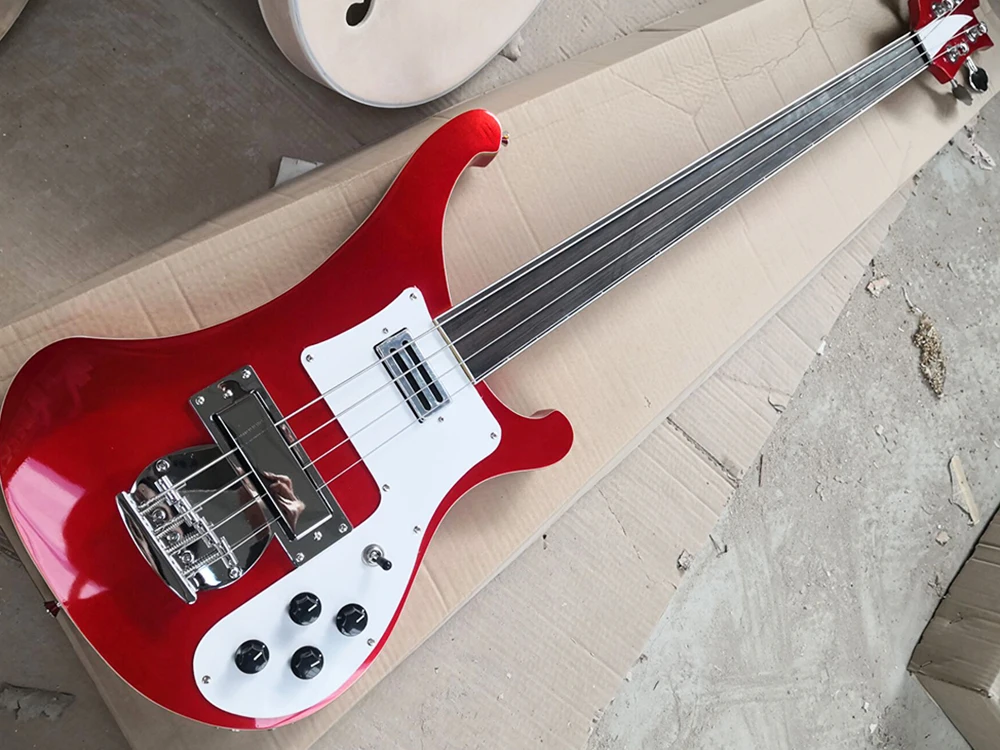 

4 Strings Fretless Metallic Red Electric Bass Guitar with Rosewood Fretboard,White Pickguard