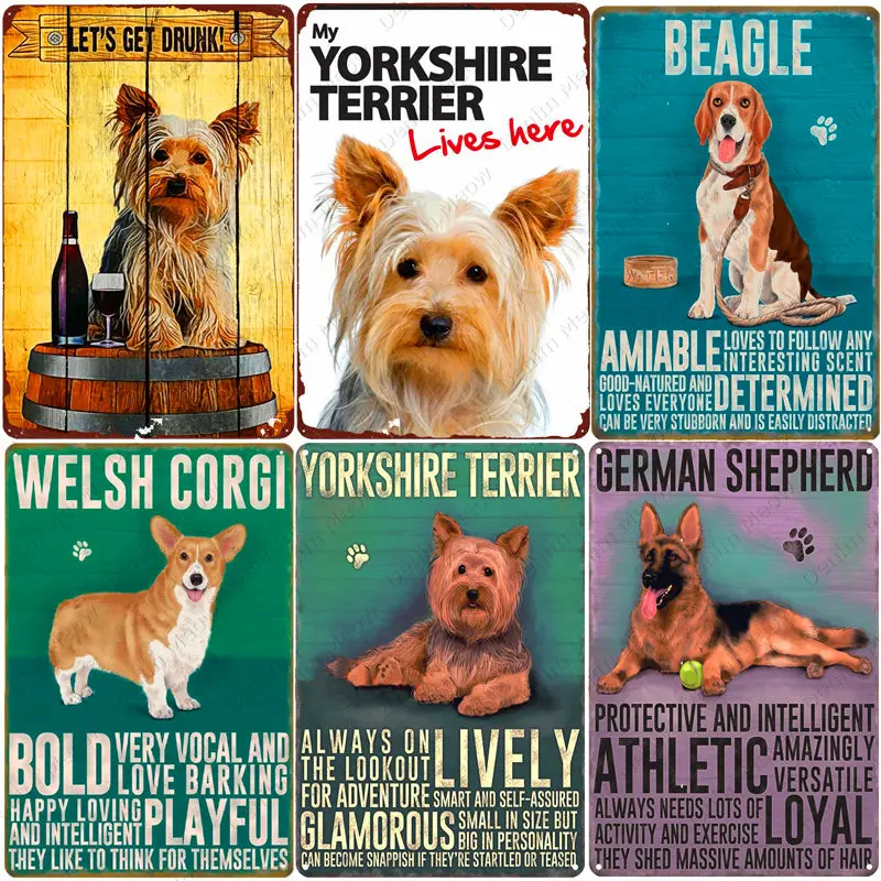 Vintage Pet Plaque Yorkshire Terrier Metal Tin Sign Pub Bar Home Decor Corgi German Shepherd Art Poster Dog Wall Plate N373