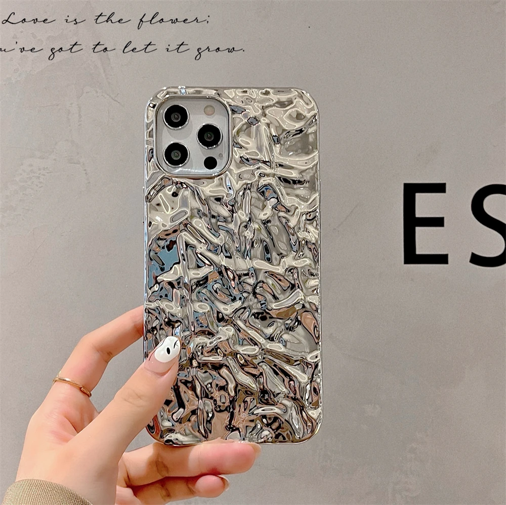 Retro Luxury Stereo Bright Silver Phone Case For iPhone 16 15 14 13 12 11 Pro Max Plus X XS XR 7 8 Plus Sexy Soft Silicone Cover