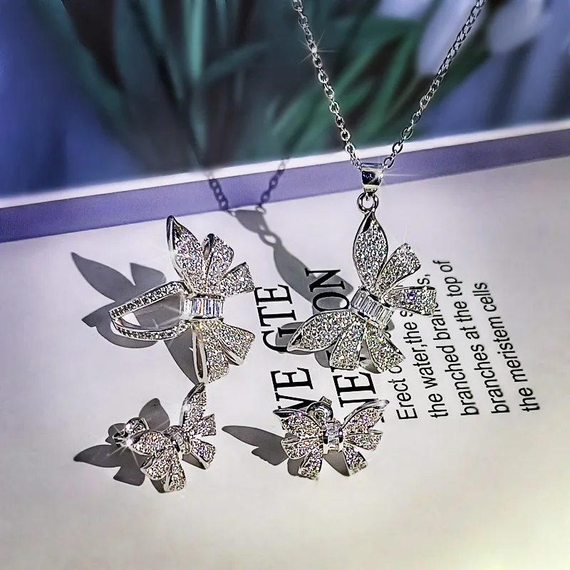 موضة 3 قطعة حزمة 2021 جديد عصري S925 فضة فراشة قلادة حلقة أقراط طقم مجوهرات للنساء هدية للذكرى السنوية #3