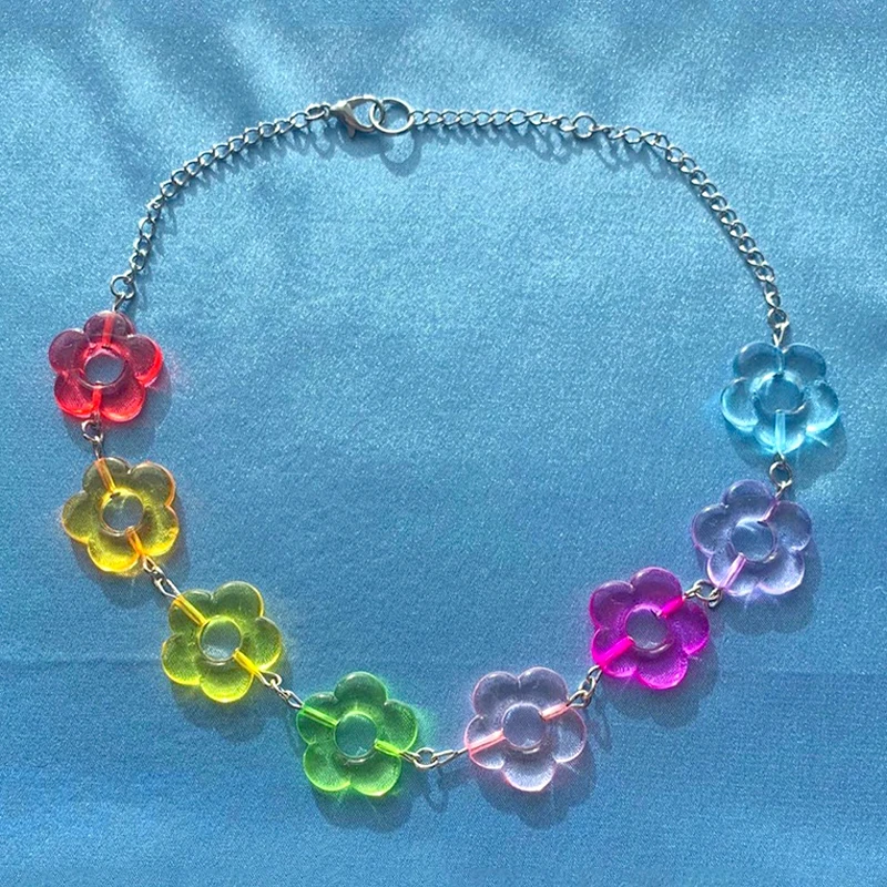 Egirl Jewelry Rainbow Resin Flower Choker Harajuku 2000s Fashion Necklace For Women Y2K Accessories Kawaii Party