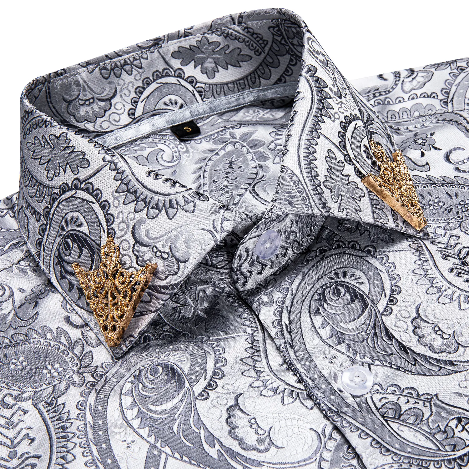 Fashion Paisley Floral Men Shirt Silver White Business Casual Long Sleeve Social Collar Shirts Brand Male Button Blouses