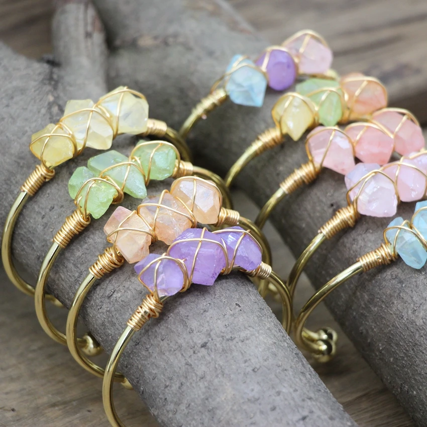 Colorful Raw Crystal Points Open Cuff Bangles Golden Brass Wire Wrap Gems Stone Quartz Fashion Women Bracelet Jewelry QC2015