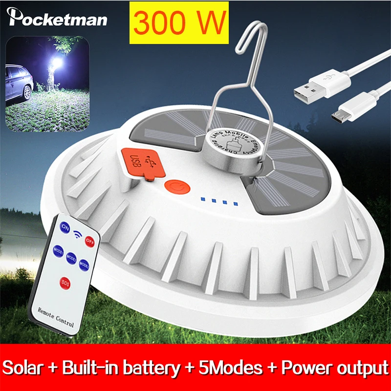 

300W Rechargeable LED Bulb Lamp Remote Control Solar Charge Lantern Portable Emergency Night Market Light Outdoor Camping Home