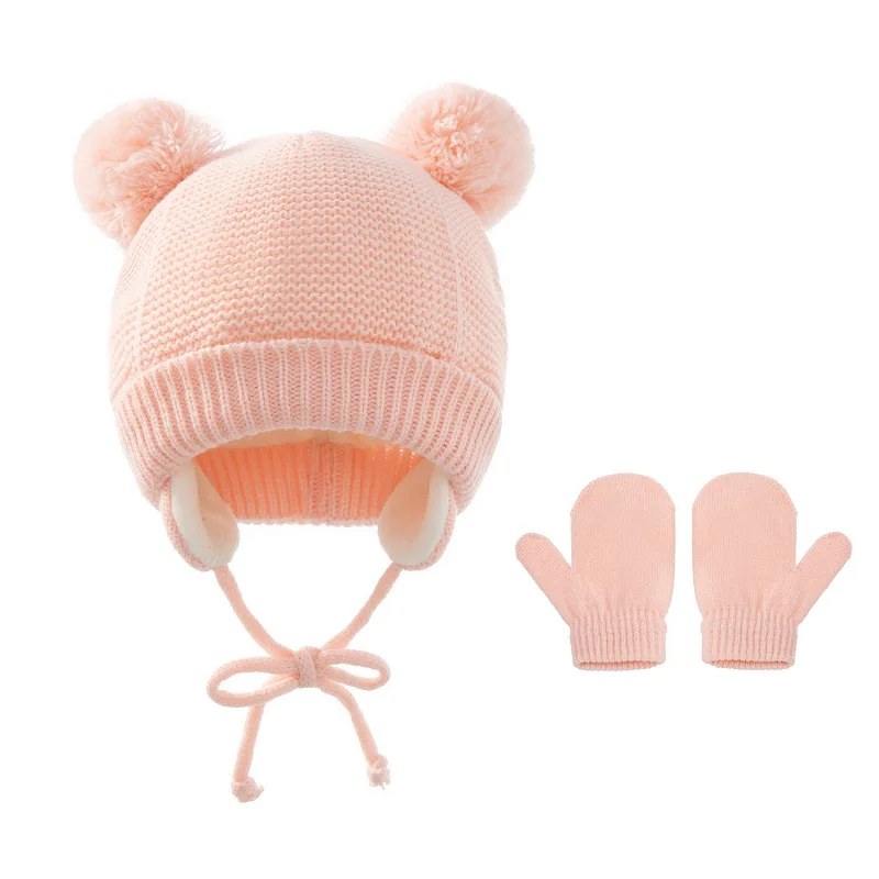 

Winter Knitting Double Pompom Baby Hat For Girls Kids Cap Gloves Set Children Earflap Bonnet