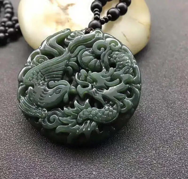 

100%Natural Authentic Hetian Jade Gift Dragon And Phoenix Pendant Brand Men And Women Necklace Jewelry Lucky Accessories Unisex