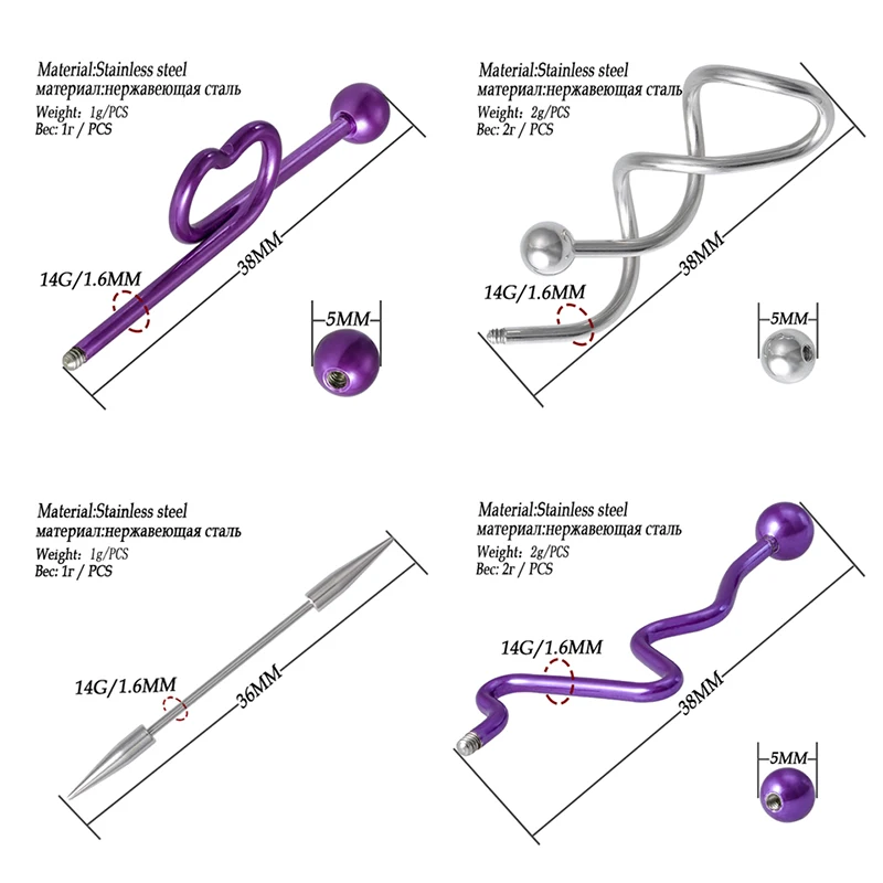 4PCS Surgical Steel Industrial Piercing Jewelry Pack Industrial Barbell Earrings Bar Stainless Cartilage Tragus Piercing Jewelry