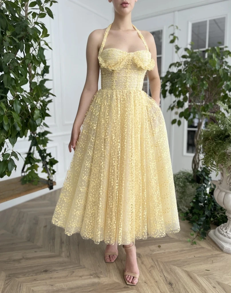 

Yellow Moroccan Prom Dresses A-line Sweetheart Ankle Length Tulle Appliques Robe De Soiree Prom Gown Evening Dresses