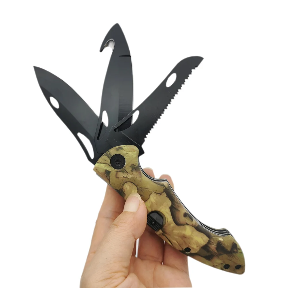 Outdoor multifunctional folding knife and hook and saw three in one sharp blade anti slip ABS handle camping survival EDC tool