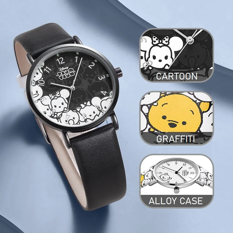 Disney Originele Kinderen Unisex Tsumtsum Cartoon Japan Quartz Casual Horloge Graffiti Pu Band Boy Girl Jeugd Tiener Student